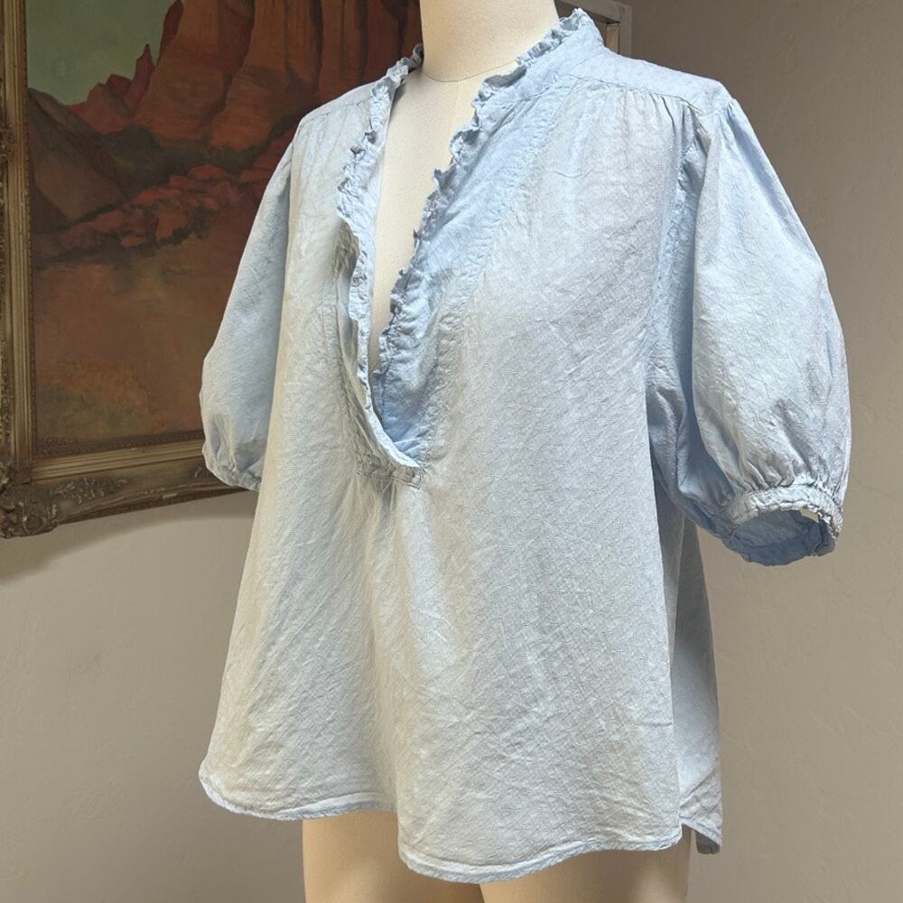 Anthro Anthropologie Cotton Peasant Blouse Puff Sleeve Ruffle Cottagecore Blue M